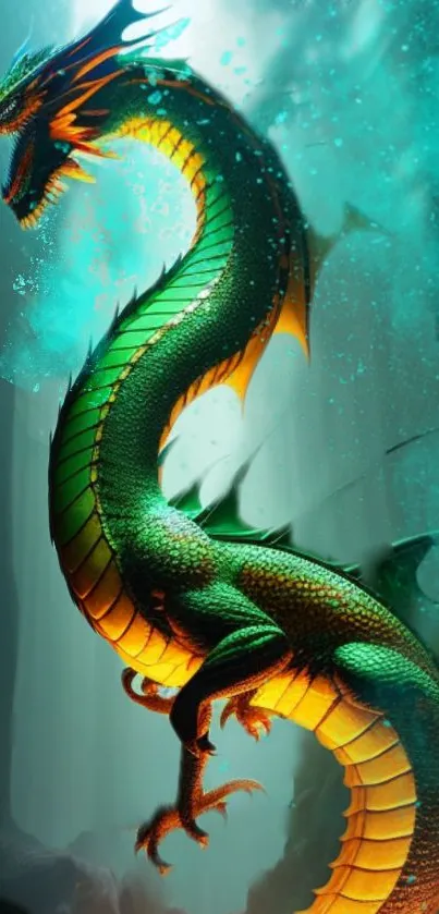 Vibrant green dragon on a teal background.