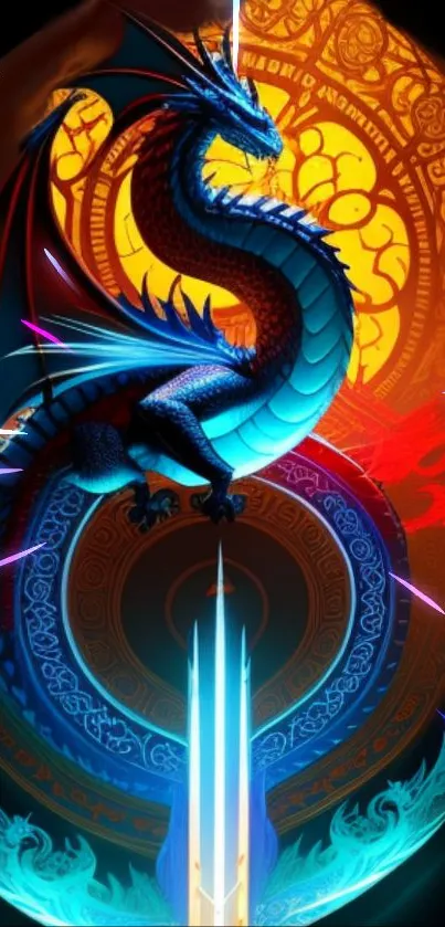 Colorful blue dragon in a fantasy setting mobile wallpaper.