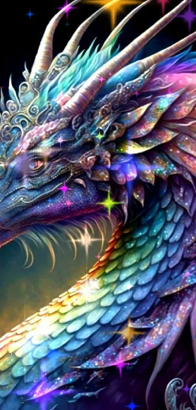 Colorful dragon with rainbow scales in fantasy art style.