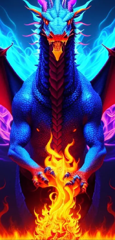 Vibrant dragon in fiery fantasy scene mobile wallpaper.