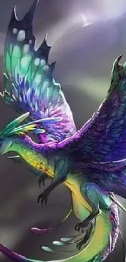 Colorful dragon with vibrant wings soaring in mystical skies.