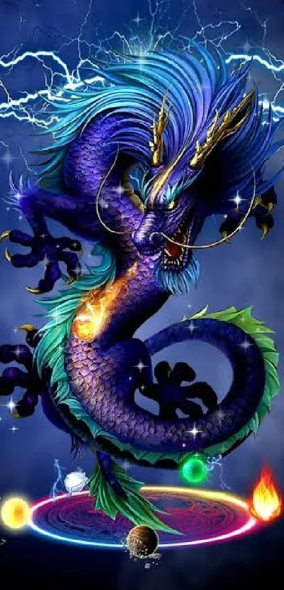 Vibrant electric blue dragon fantasy art with mystical elements.