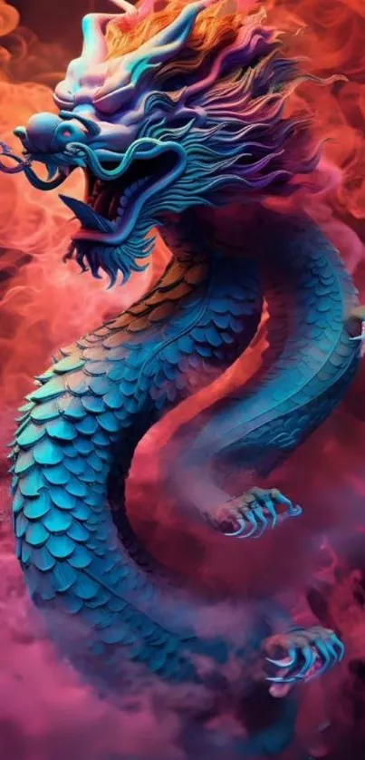 Vibrant, colorful dragon amidst fiery smoke.