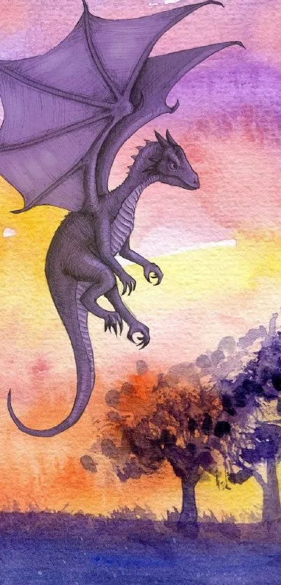 Watercolor dragon flying over sunset trees.