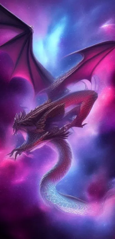 A vibrant dragon soaring through a cosmic fantasy sky, full of color and mystique.