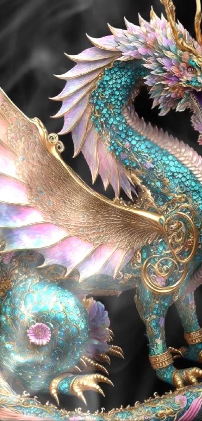 Intricate teal dragon with golden details in vibrant fantasy art.