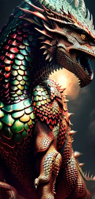 Colorful dragon with green and red scales in a fantasy artwork.