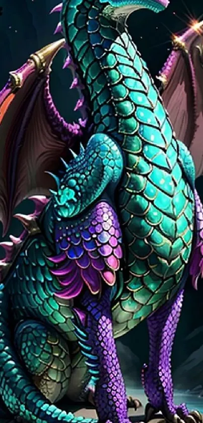 Vibrant fantasy dragon with turquoise and purple scales in a mystical setting.