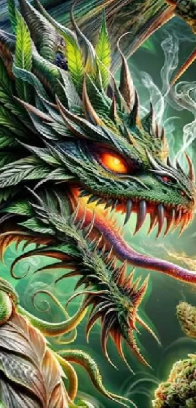 Vibrant green dragon with fiery eyes and intricate details.