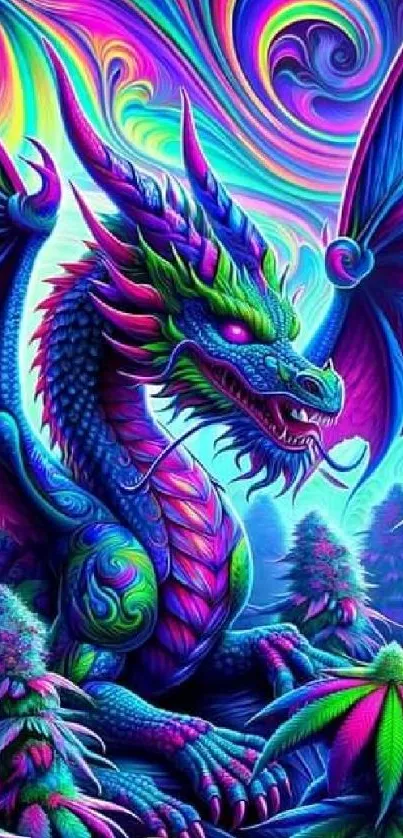 Colorful dragon with neon wings and mystical background.