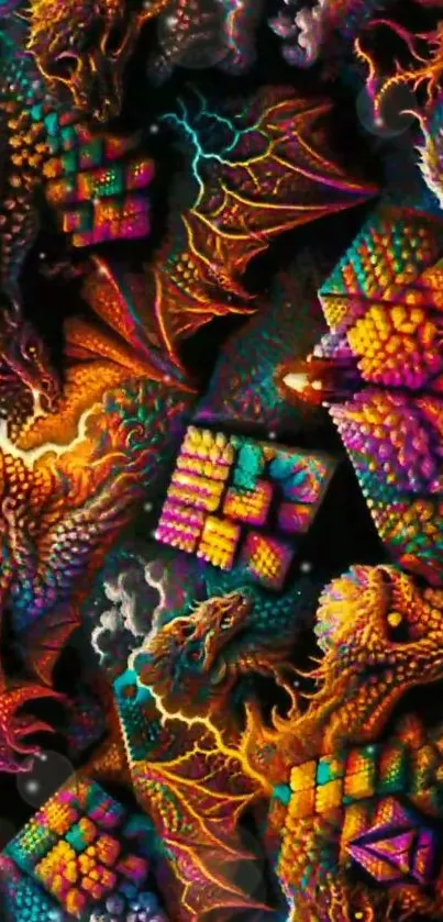 Intricate colorful dragon wallpaper featuring vibrant neon hues and fantasy elements.