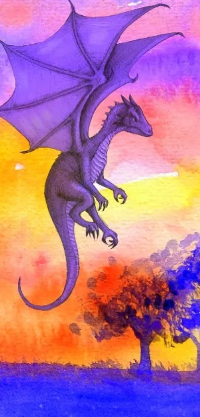 Vibrant dragon flying over watercolor landscape.