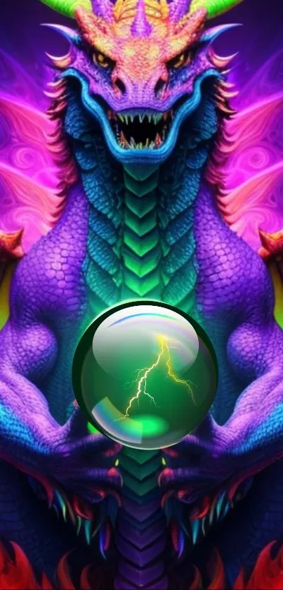 Vivid neon dragon with crystal ball in vibrant fantasy art.