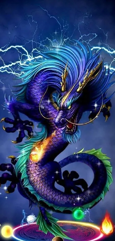 Vibrant fantasy dragon with electric blue hues and mythical elements on phone wallpaper.