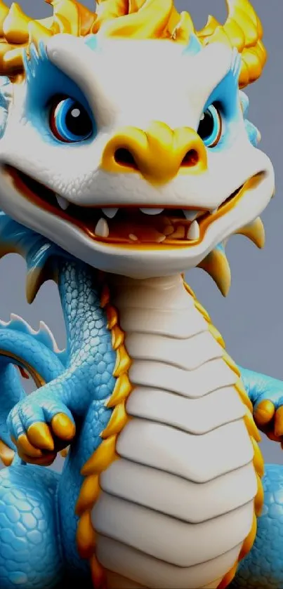 Cartoon dragon with blue scales and orange accents on phone wallpaper.