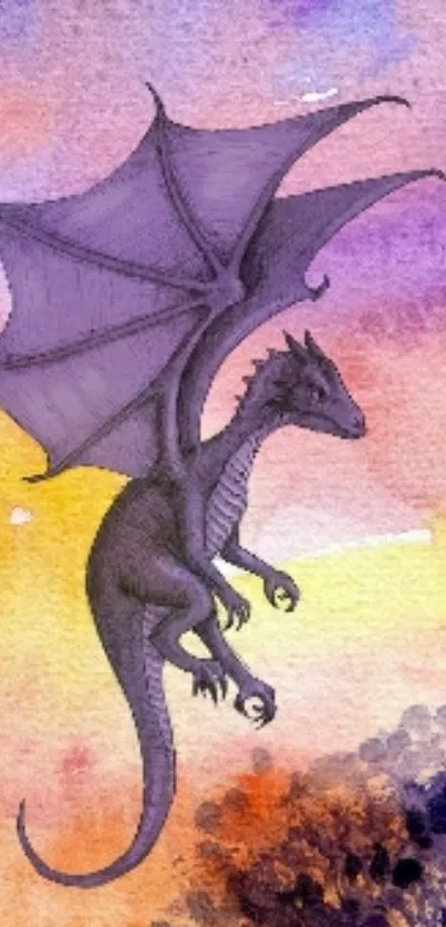 Vibrant dragon in a fantasy watercolor sky.