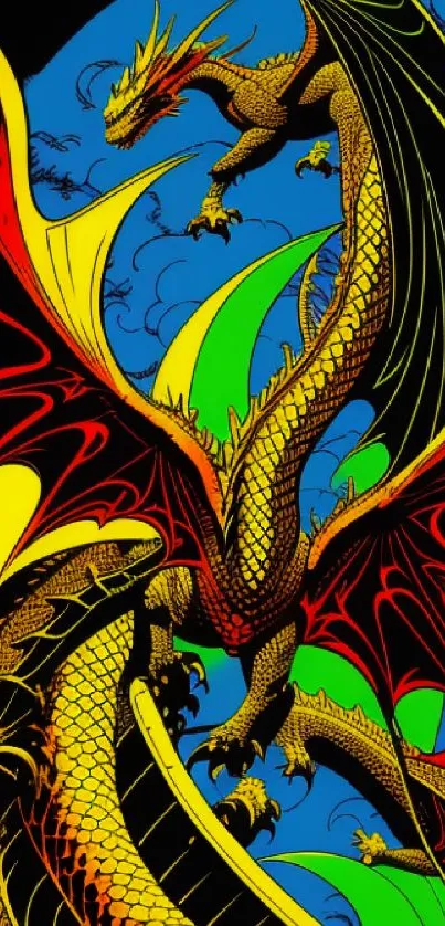 Vibrant dragon artwork with red and yellow tones in fantasy style.