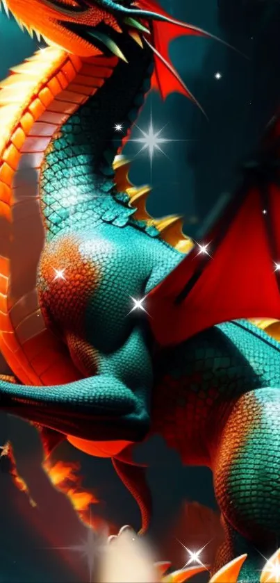 Vibrant dragon with teal scales and fiery accents in fantasy style.