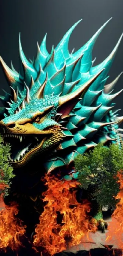 Vibrant dragon in flames, set against a green and fiery background.