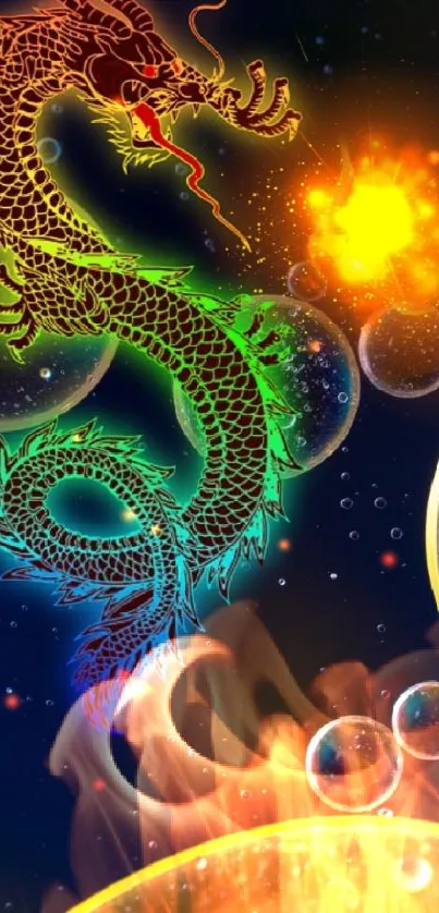 Dragon amidst cosmic bubbles in a vibrant, fiery fantasy art wallpaper.