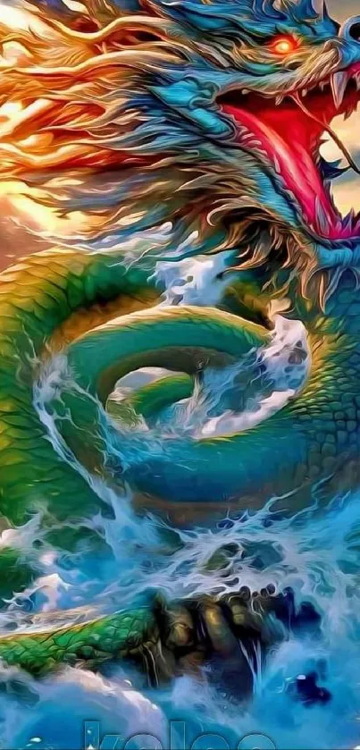 Vibrant dragon in ocean waves with fiery sky.