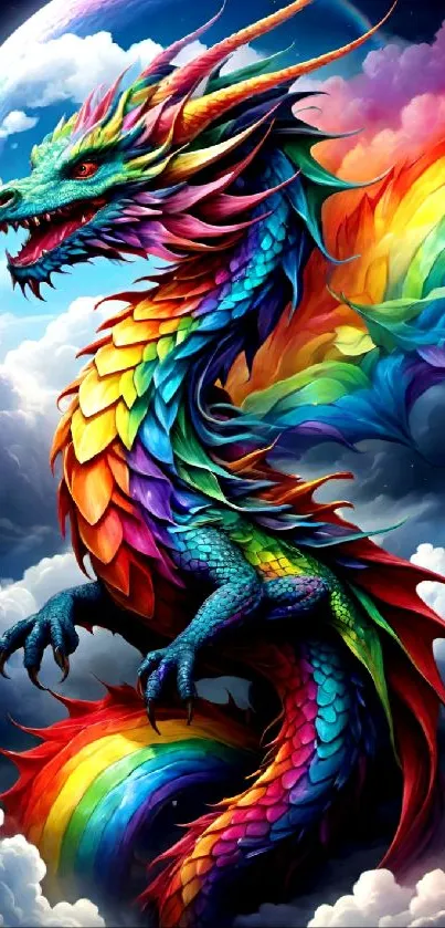 Rainbow dragon flying through clouds with vibrant colors.