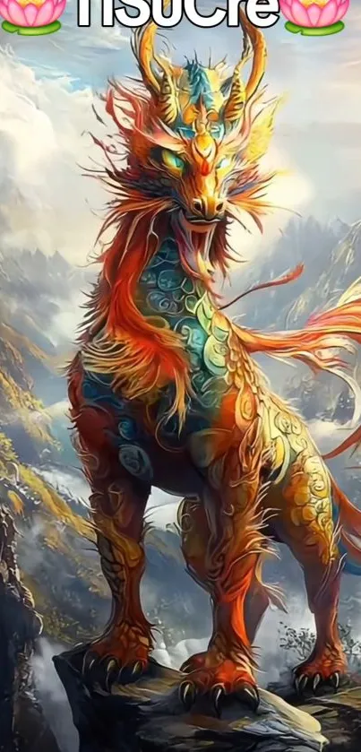 Vibrant dragon on mountain peak with colorful details.