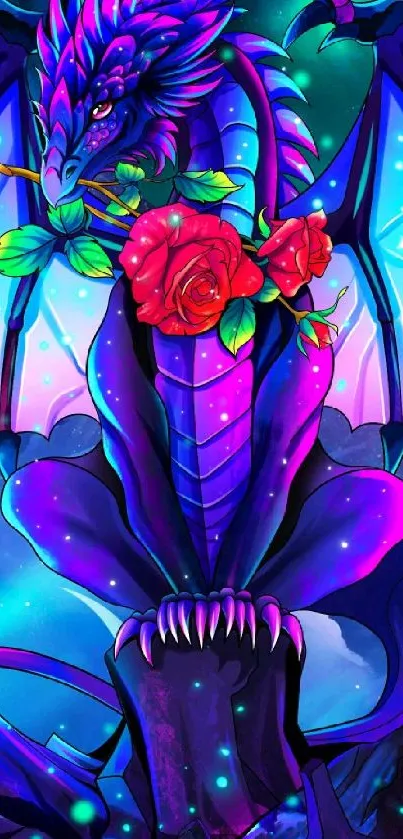 Vibrant dragon with roses in fantasy setting.