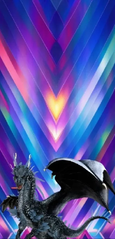 Black dragon on vibrant geometric background wallpaper.