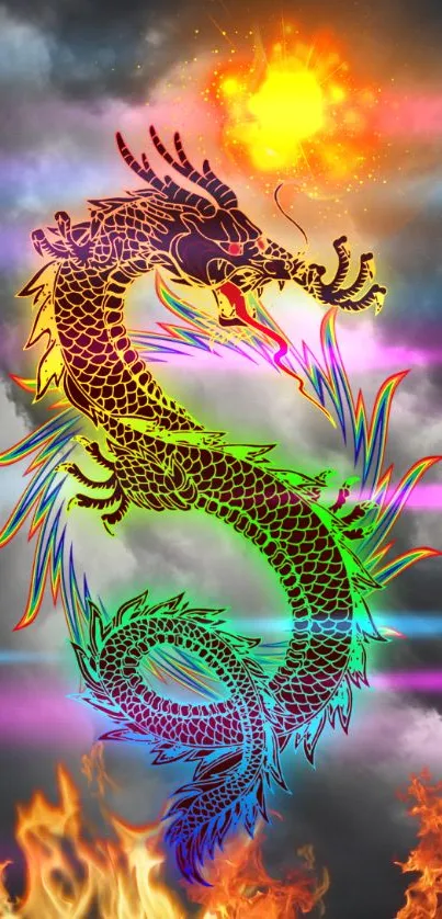 Vibrant dragon with fiery hues in mystical clouds wallpaper.