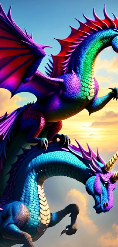 Colorful dragon wallpaper with unicorn horns in a fantasy sky.