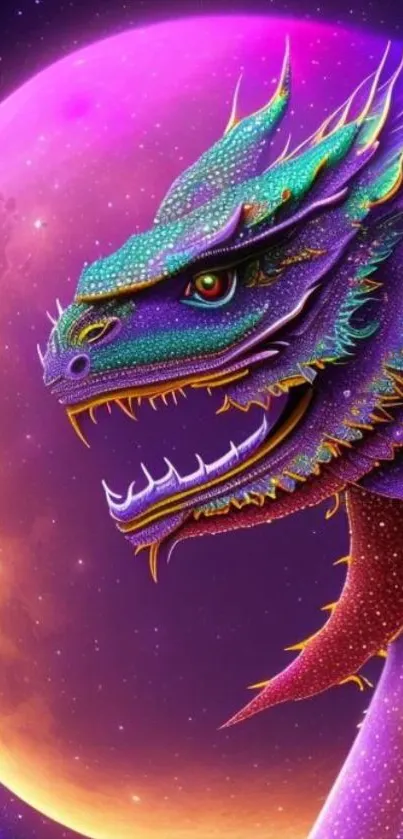 Vibrant dragon against cosmic background with purple hues.