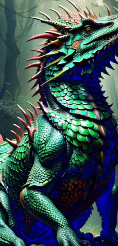 Vibrant dragon in mystical forest setting with colorful scales.