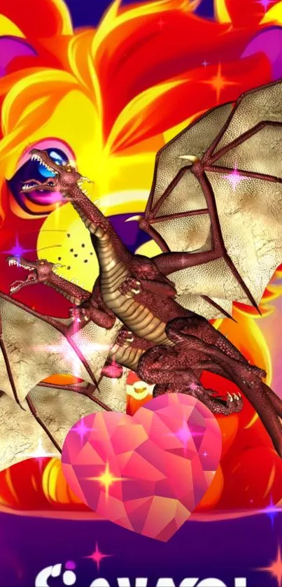 Colorful dragon and lion fantasy mobile wallpaper.