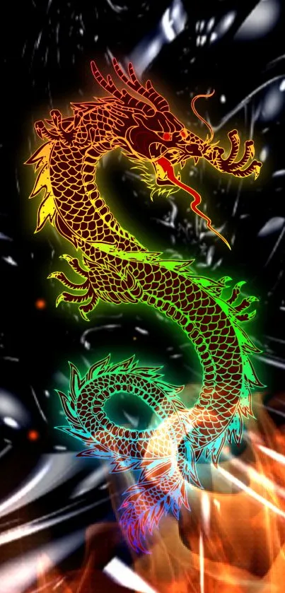 Colorful dragon in an abstract fiery background wallpaper.