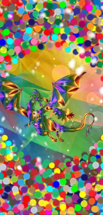 Vibrant dragon amidst colorful bubbles on a lively mobile wallpaper.