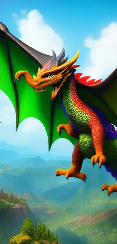 Colorful dragon flying over mountains and castle in fantasy wallpaper.