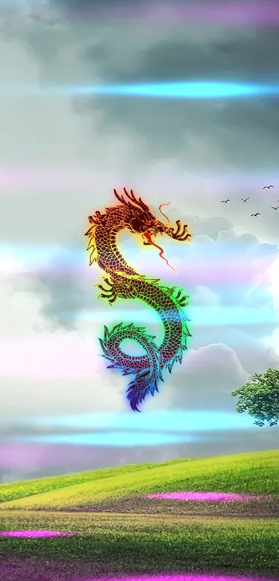 Vibrant dragon with mystical landscape mobile wallpaper.