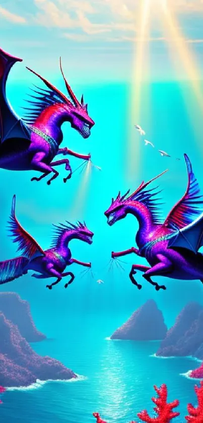 Vibrant dragons soaring over an ocean with vivid cyan and purple hues.