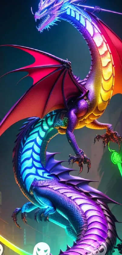 A vibrant, neon-colored dragon in a futuristic city.