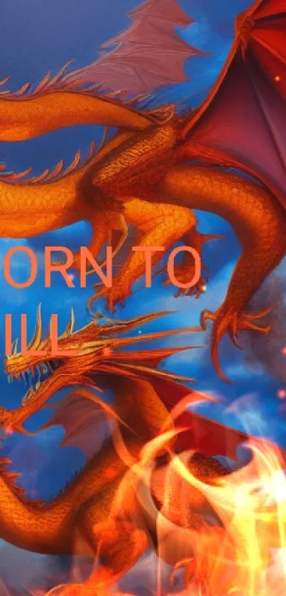 Fantasy wallpaper with two dragons against a blue sky, featuring vibrant orange hues.