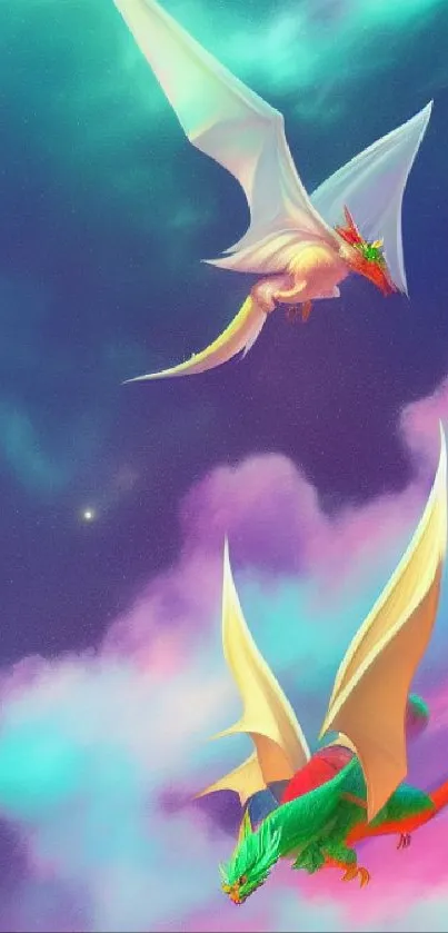 Colorful fantasy dragons soaring through a mystical, vibrant sky.