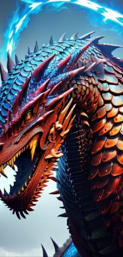 A vibrant, red-scaled dragon with blue accents in a fantasy scene.