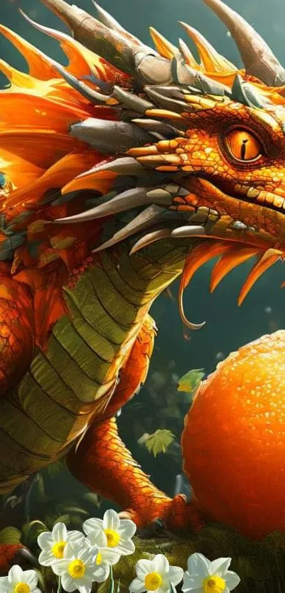 Vibrant orange dragon in a mystical forest.