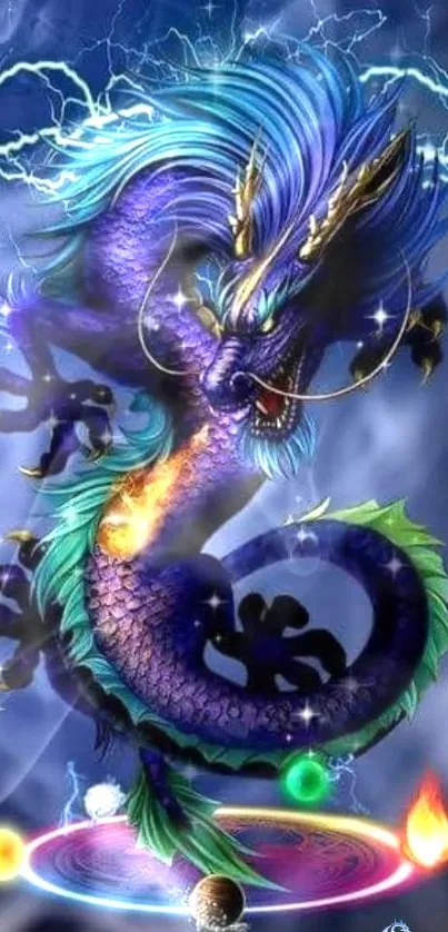 Vibrant blue dragon fantasy wallpaper with a mystical aura.