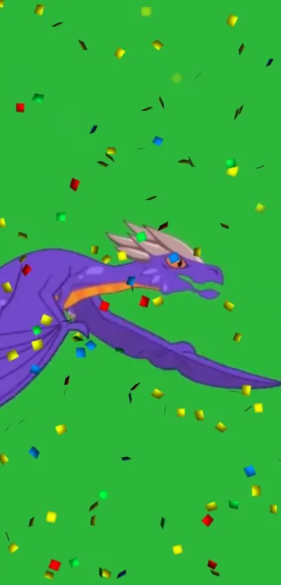 Purple dragon against green with colorful confetti.