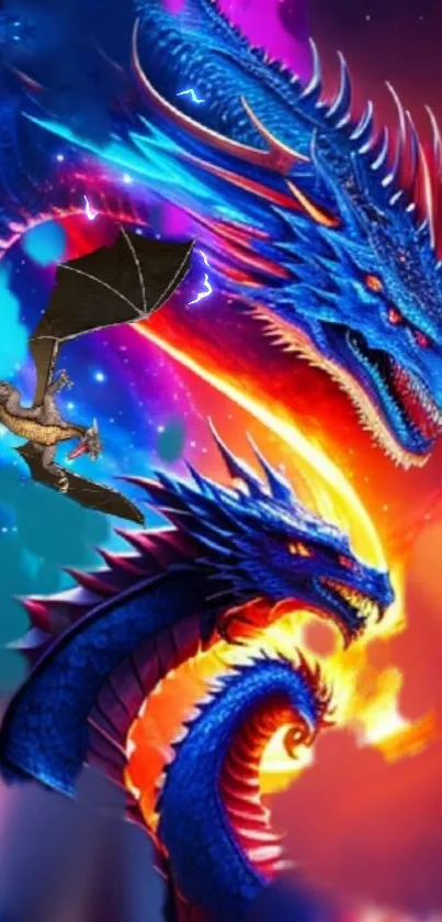 Vibrant blue and orange dragon fantasy wallpaper.