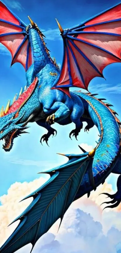 A vibrant blue dragon flying in a clear sky.