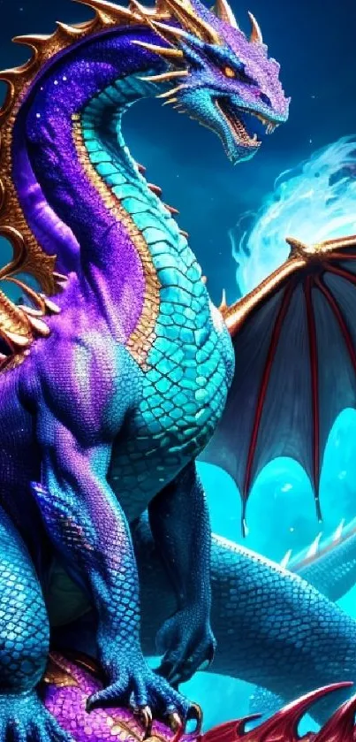 Vibrant blue and purple dragon artwork.