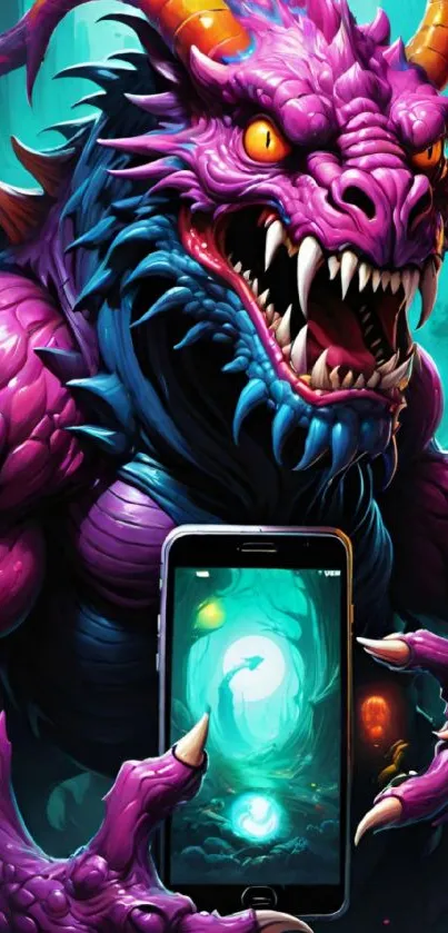 Dragon holding a phone in vibrant colors, digital art.